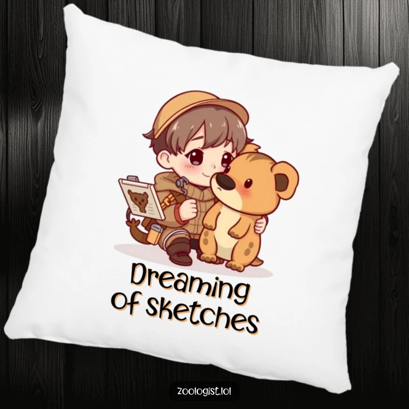 Funny character happily sketching an animal in a detailed field guide, embroidered on a soft and cozy pillow.