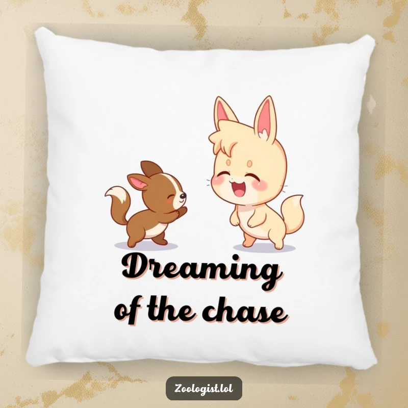 Funny pillow with a character giggling while watching two animals playfully chase each other, perfect for cozying up.