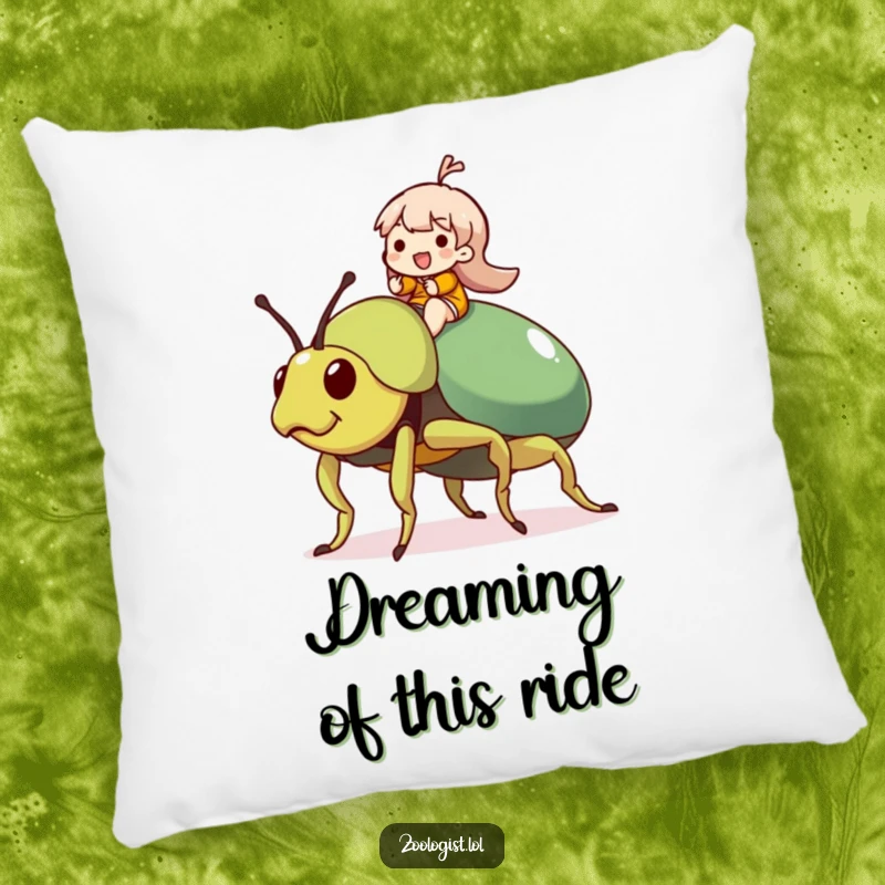 Funny Beetle Rider Pillow: Character joyfully rides a giant, friendly beetle, offering comfort and a whimsical touch to any space.