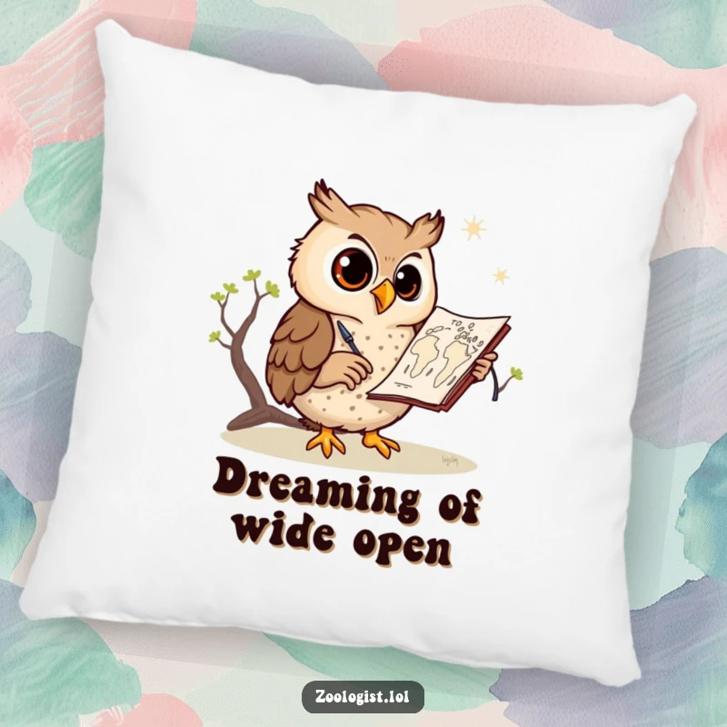 Funny owl pillow, a happy owl artist sketching a savanna map, soft and decorative, bringing a touch of whimsy to any room.
