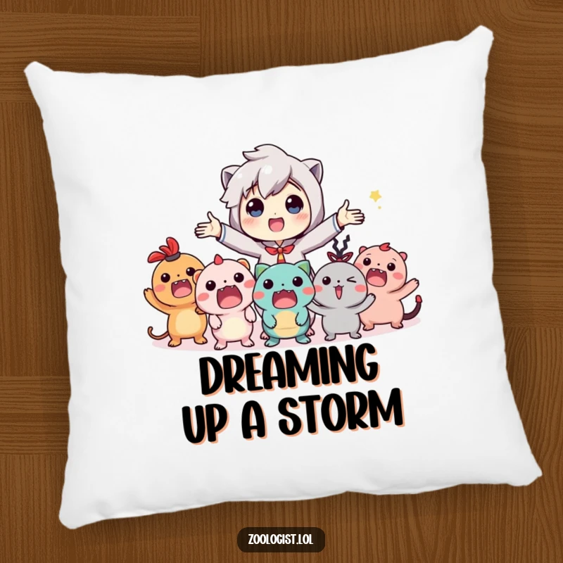 Funny pillow showing a character gesturing enthusiastically to a group of delighted, imaginary creatures, adding fun to any seating area.