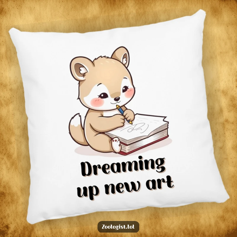 Funny pillow with a cute animal character concentrating on sketching another animal in a notebook, embodying artistic dedication and a love for drawing.