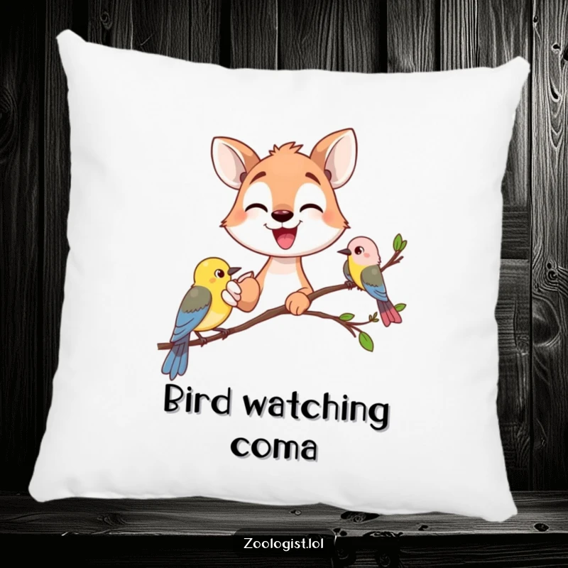 Funny happy animal gazer pointing excitedly at a small bird, decorative pillow, nature humor, perfect funny gift.