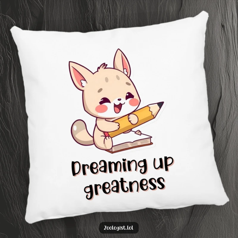 Funny pillow depicting an animal character taking notes with an oversized pencil, offering comfort and a humorous touch to any room.