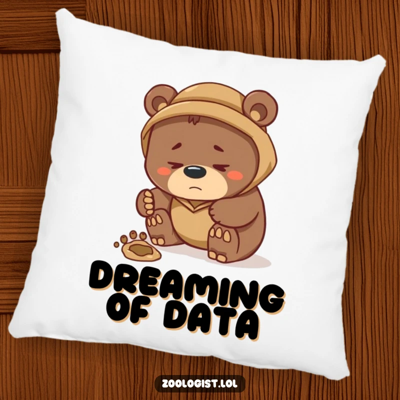 Funny pillow depicting a pensive bear zoologist studying a footprint, offering a humorous and soft touch of wilderness intrigue to any seating area.