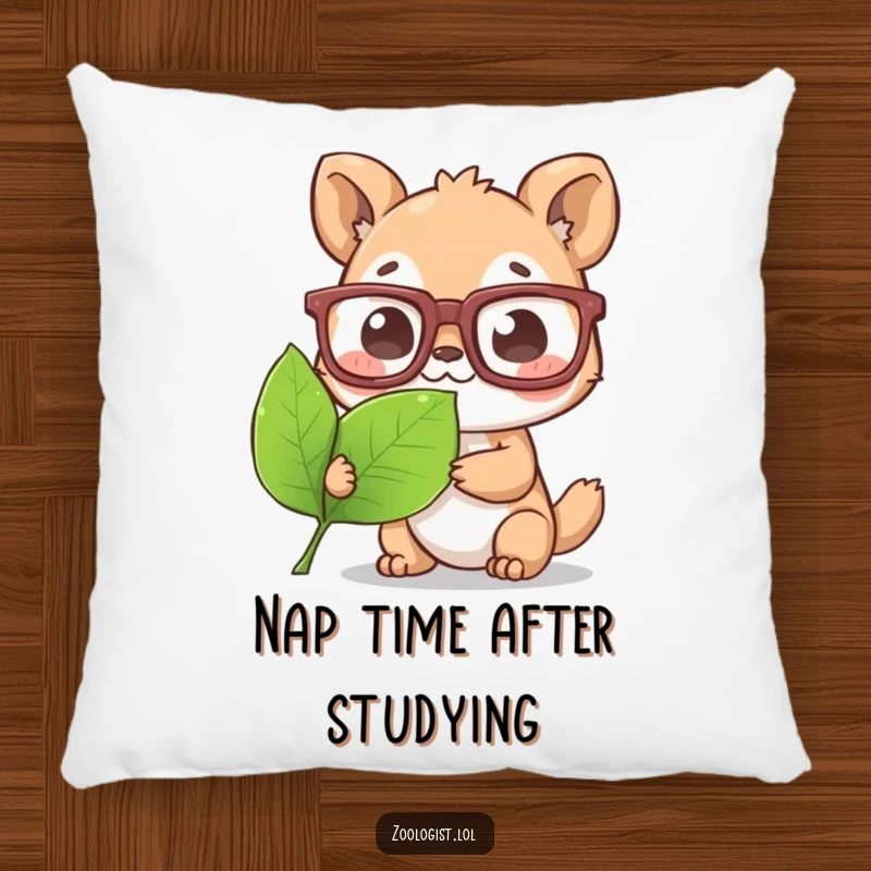 Funny Pillow: Cute animal character sporting oversized glasses, focused on examining a leaf, offering comfort and laughs.