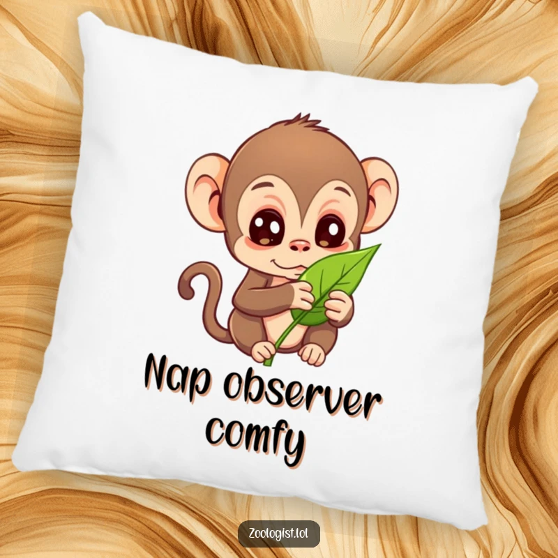 Funny pillow with a curious monkey character examining a leaf, a humorous decorative item.