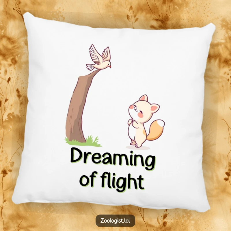 Funny pillow with a cute animal character joyfully watching a bird in flight, bringing a touch of serene charm to any room.