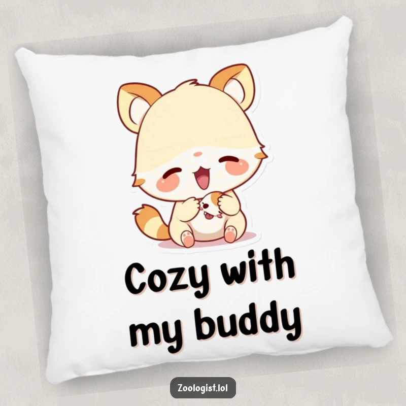 Funny pillow featuring a cute animal character excitedly examining a tiny creature, adding a touch of whimsical charm to any room.