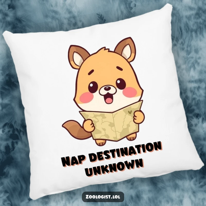 Funny pillow with a cute animal character showing surprise at a map, bringing playful charm and comfort to any seating area.