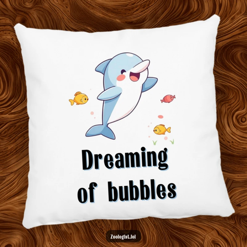 Funny pillow featuring a jubilant dolphin leaping high in the air, excitedly watching fish, perfect for adding whimsy to decor.
