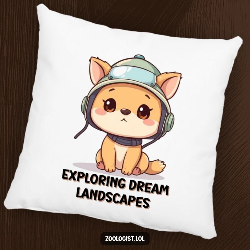 Funny pillow with a cute animal character in a pith helmet, looking around curiously, embodying the spirit of adventure and exploration.