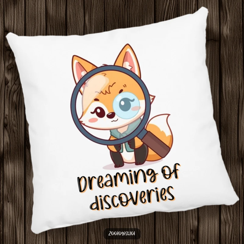 Funny Kawaii Fox Zoologist Pillow: A cute fox scientist peeks curiously through a magnifying glass, offering funny comfort.