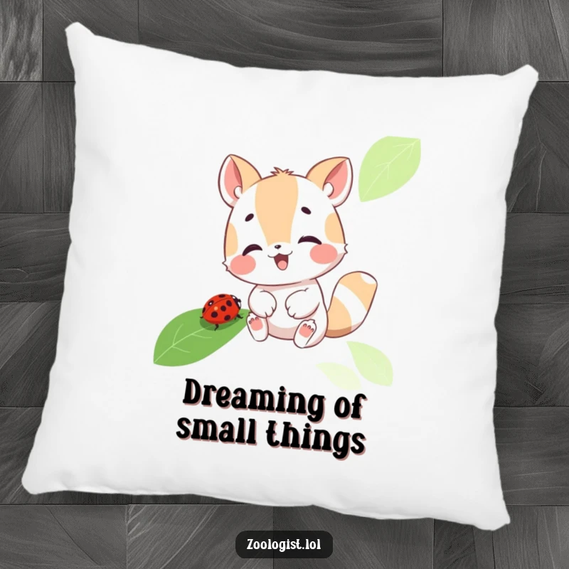 Funny pillow with a cute animal character peeking intently at a small ladybug on a detailed leaf, embodying sweet, gentle curiosity.