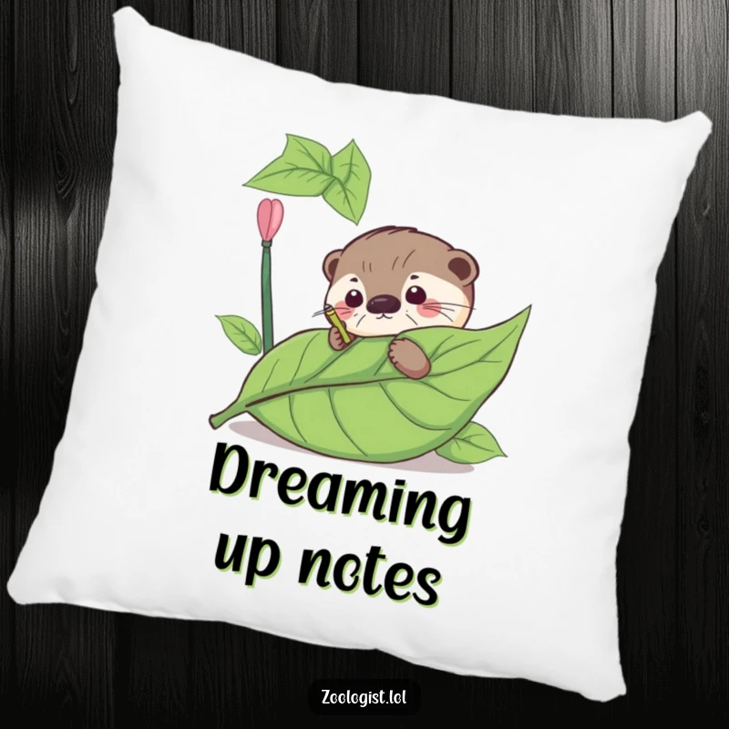 Funny pillow featuring a curious otter meticulously annotating a giant leaf, adding scholarly charm.