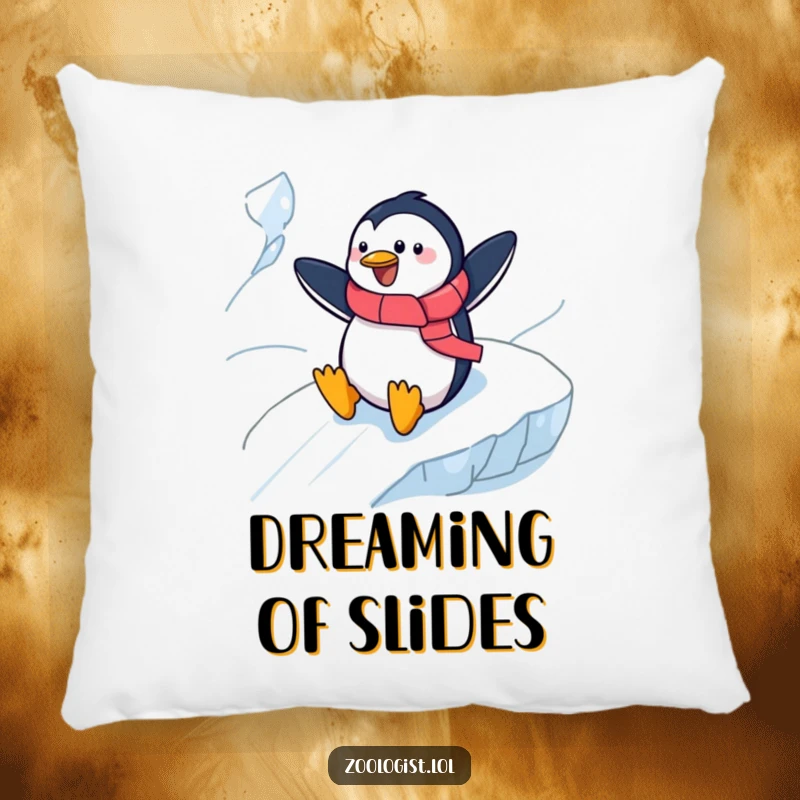 Funny cheerful penguin zoologist sliding down an icy slope on a soft pillow, adding cozy humor and arctic-themed decor.