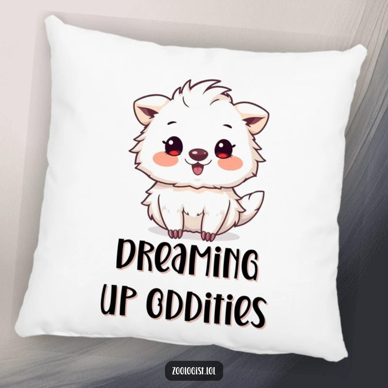 Funny pillow with a cute animal character joyfully sketching a strange, delightful creature, perfect for cozy artistic vibes.