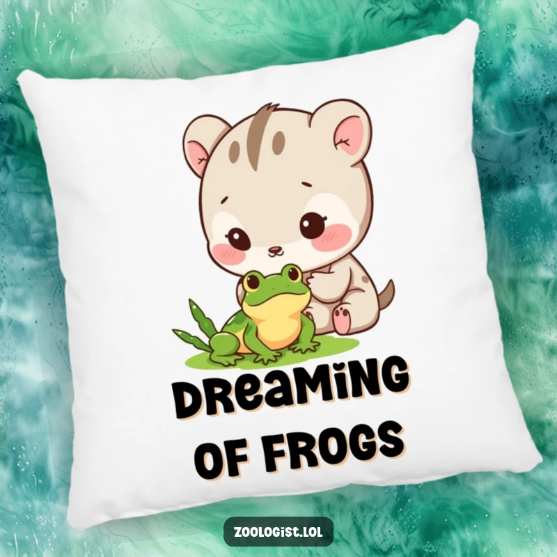 Funny Pillow: A cute, fluffy animal character gently observing a tiny frog with eyes full of wonder and excitement.