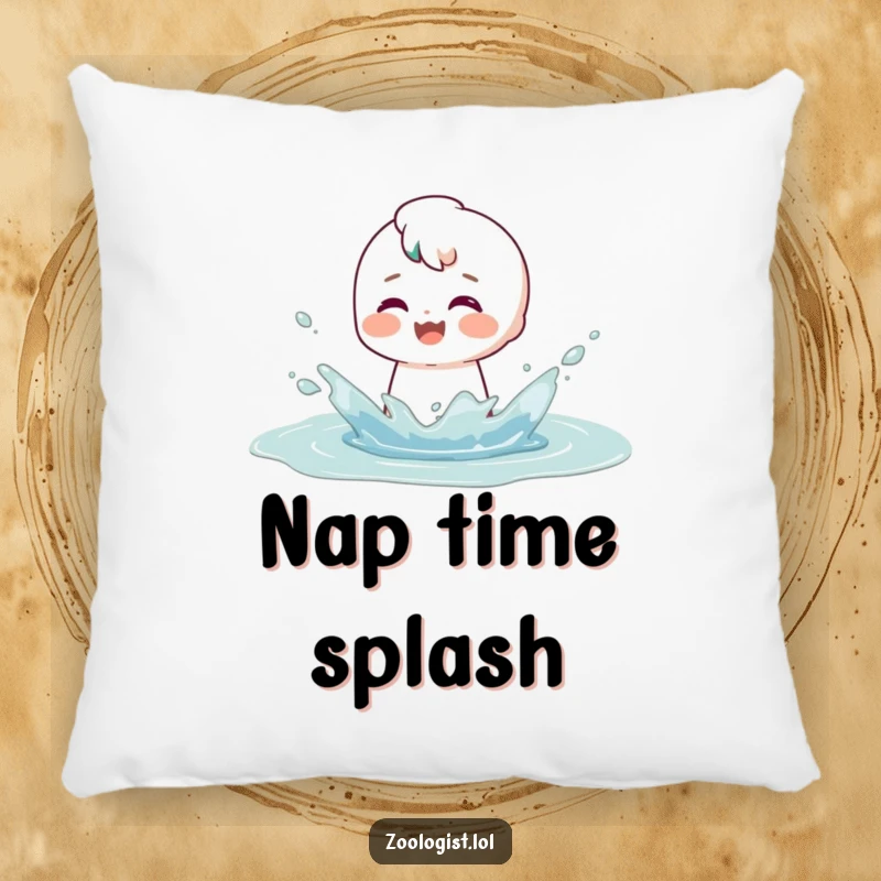 Funny pillow showing a character making a big, playful splash in a puddle, their face beaming with a contented, satisfied smile.