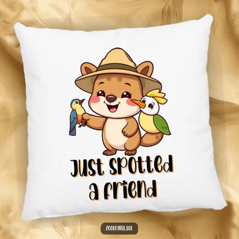 Funny pillow design with a cheerful animal explorer in a safari hat pointing at a bird, adding a touch of whimsical adventure.