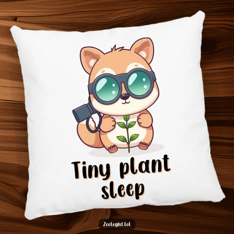 Funny cute animal zoologist with oversized binoculars looking at a tiny plant, decorative pillow, nature humor, perfect funny gift.