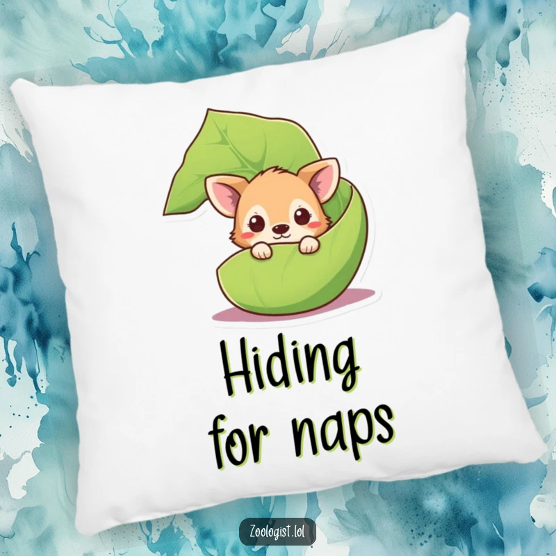 Funny curious animal pillow with a cute creature peeking from behind a large leaf, adding comfort and gentle intrigue.