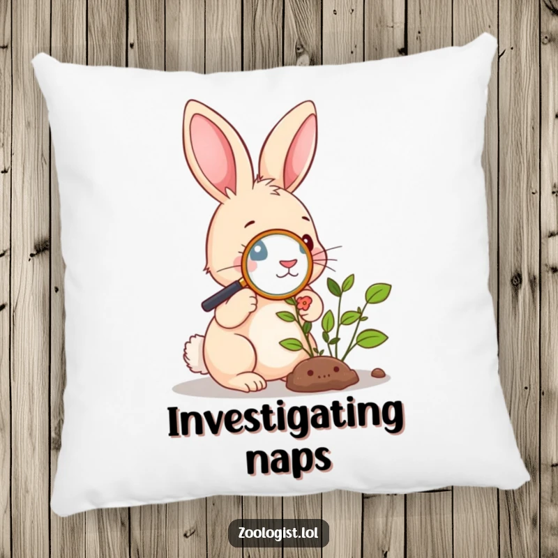 Funny Pillow: Cute rabbit examining a plant with a magnifying glass, providing comfort with a dash of botanical humor.