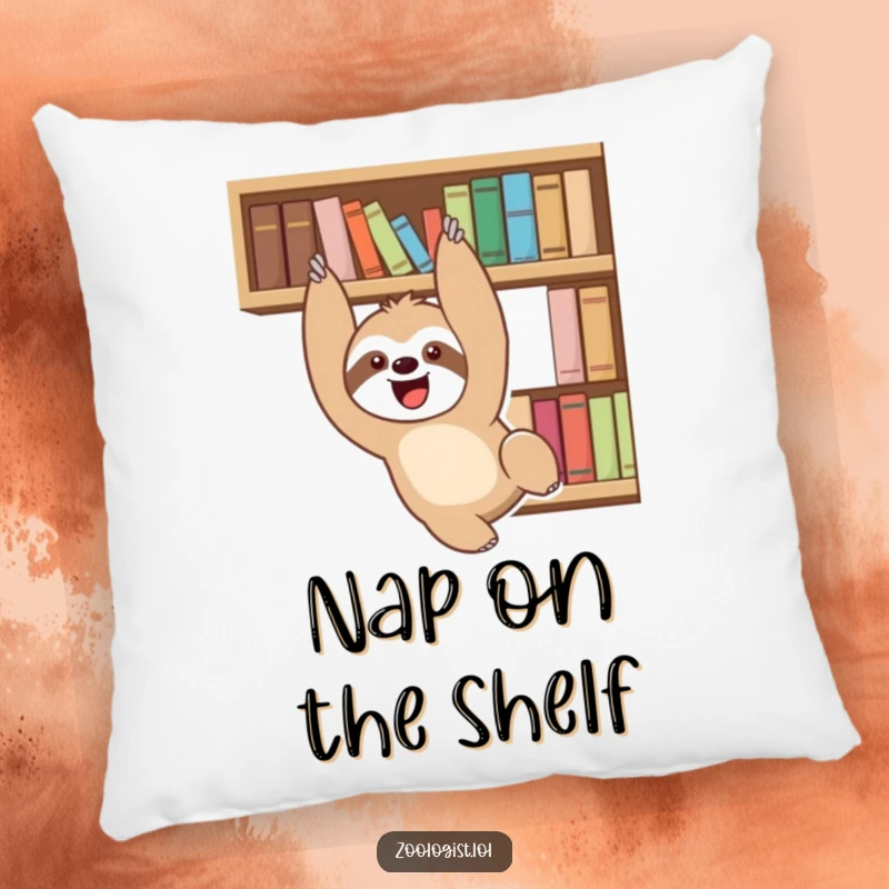 Funny delighted sloth character playfully dangling from a bookshelf, on a soft pillow, humorous home decor.