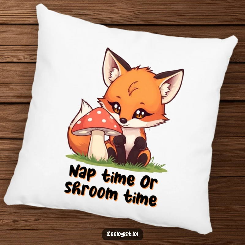 Funny fox pillow with a curious fox investigating a mushroom, providing comfort and a touch of playful humor.