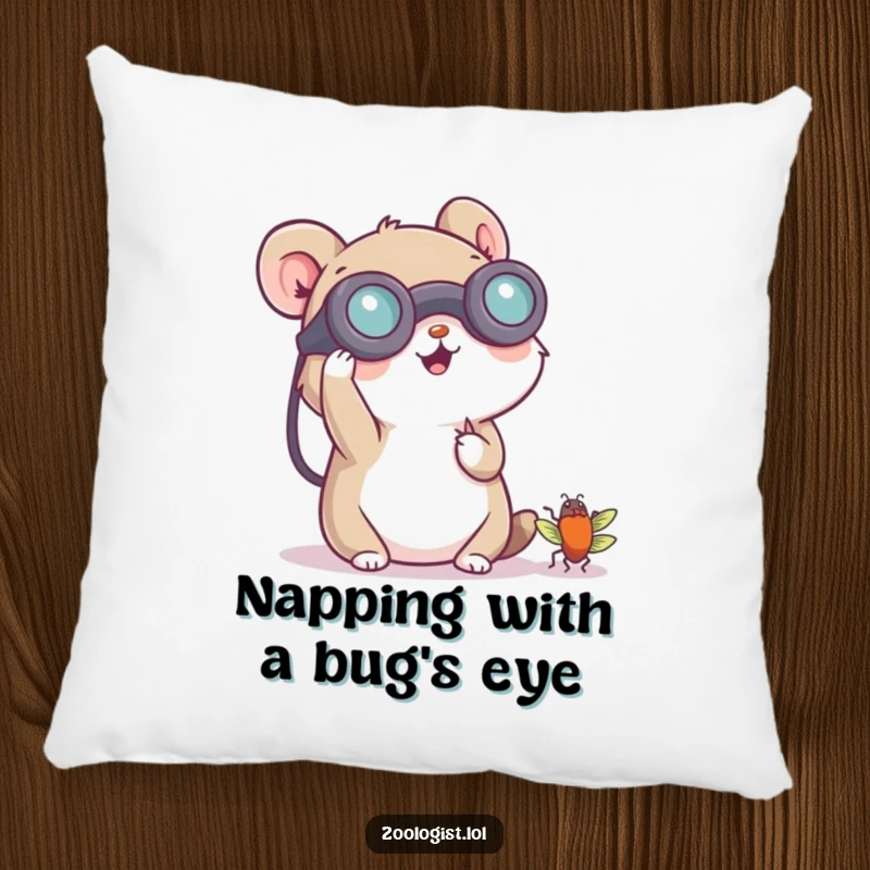 Funny pillow with a small animal character cheerfully using binoculars to observe a tiny bug, a cute and humorous addition.