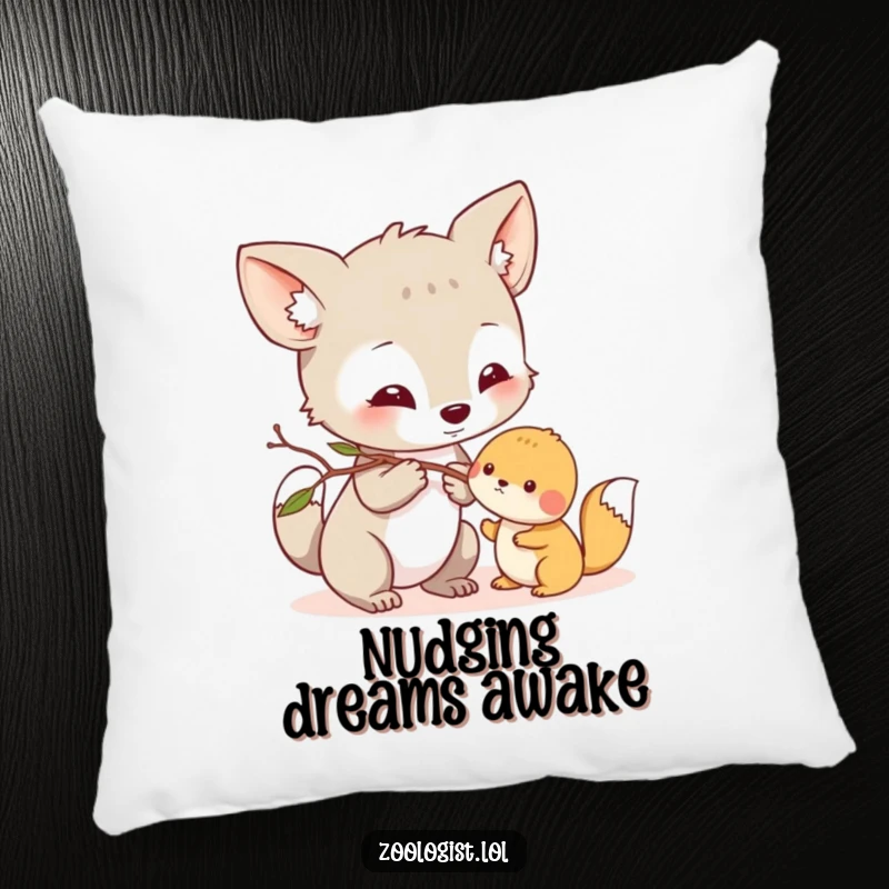 Funny Pillow: Curious animal character gently nudging a small creature with a twig, offering comfort and amusement.