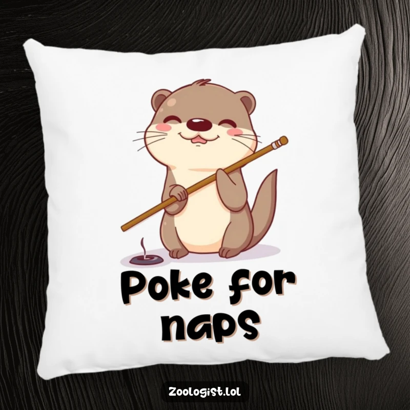 Funny otter pillow showing a cute, giggling otter poking a small hole with a stick, bringing cozy humor.