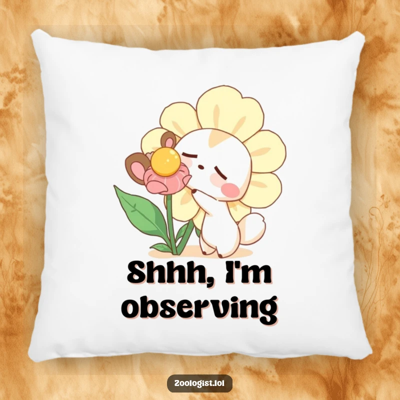 Funny pillow featuring a curious animal character gently poking a large, sleepy flower, providing comfort with a dose of cute, gentle humor.