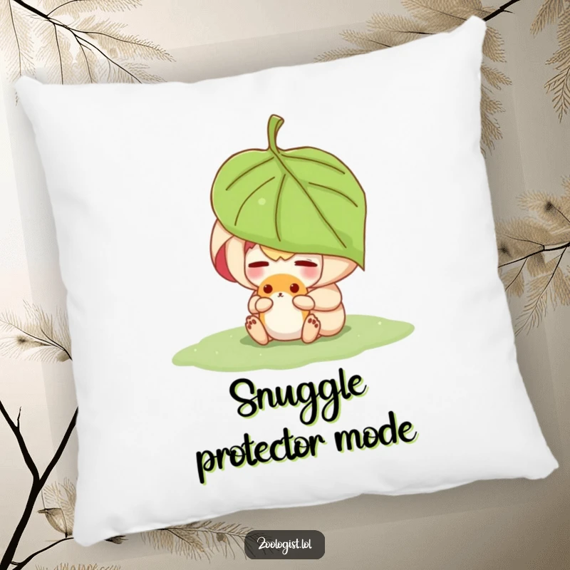 Funny character sheltering a small animal under a leaf, embroidered on a soft and cozy pillow symbolizing care.