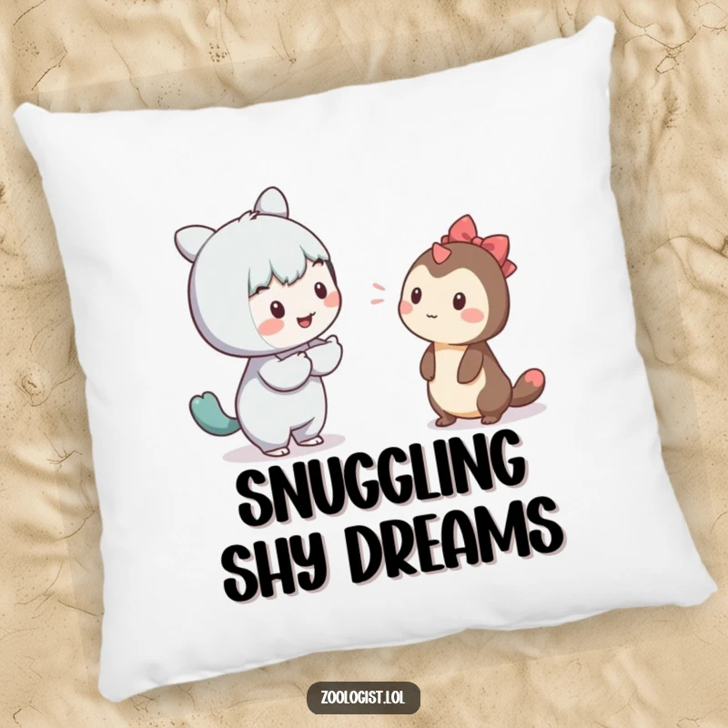 Funny pillow with a character gently attempting to communicate with a shy creature, ideal for cozying up.