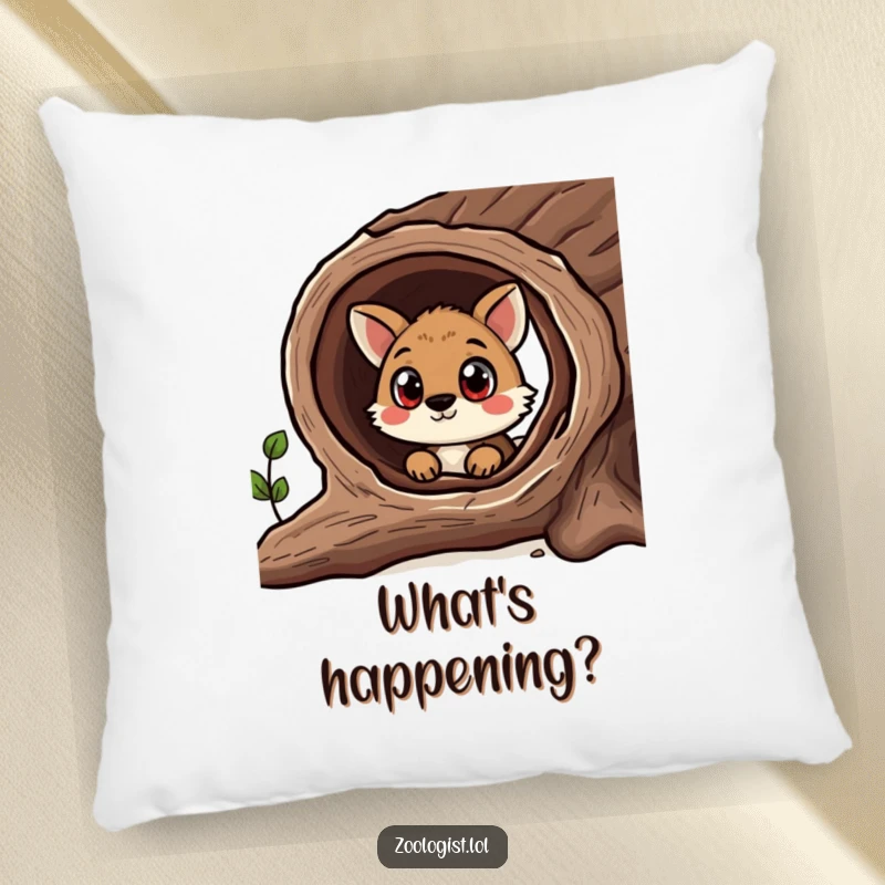 Funny pillow showing a curious animal with wide eyes looking into a hollow log, combining comfort with humorous discovery.