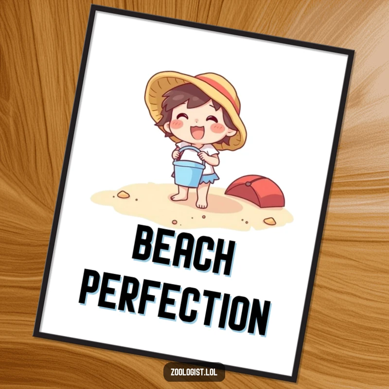 Funny beach character digital art print showing a joyful creature with a bucket and spade on a large beach, vibrant and fun.