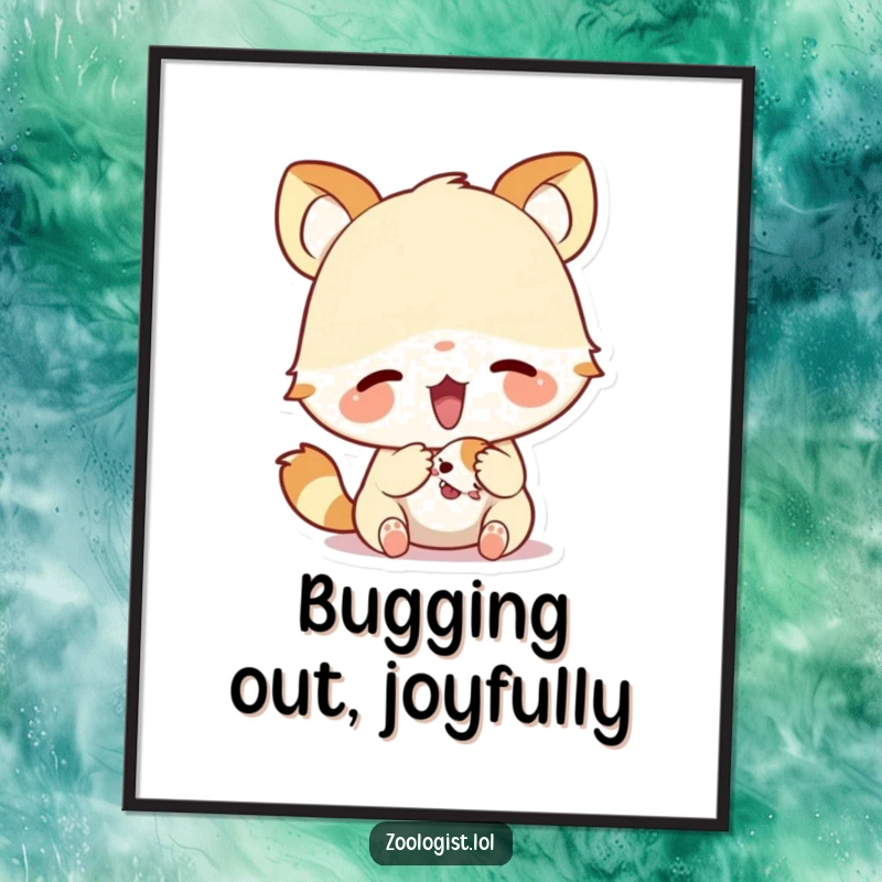 Funny digital art print of a cute animal character showing excitement while examining a minuscule creature, perfect for joyful wall decor.