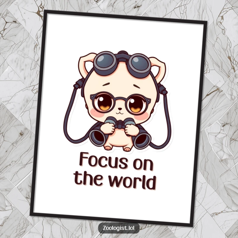 Funny character wearing binoculars around their neck, looking curious, presented as a high-resolution digital art print.