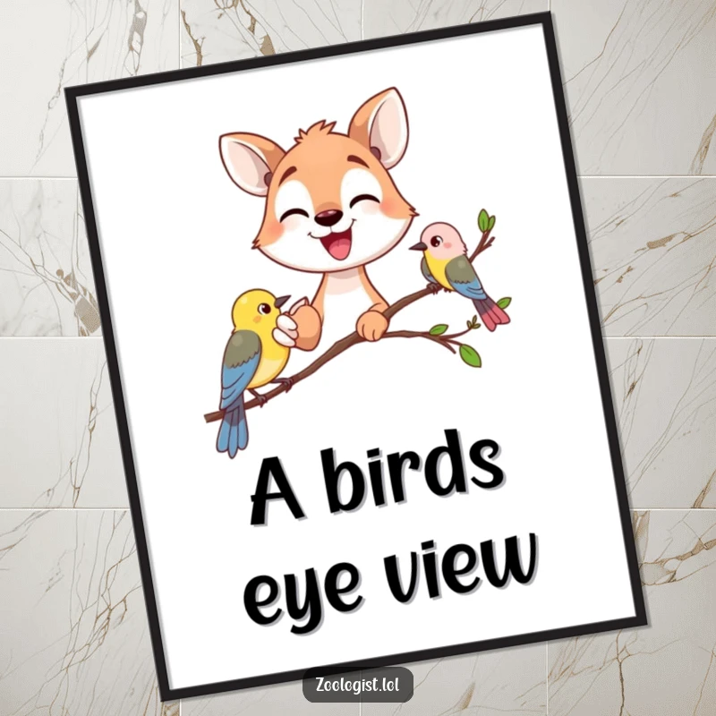 Funny happy animal gazer pointing excitedly at a small bird, printable digital art, nature humor, perfect funny gift.
