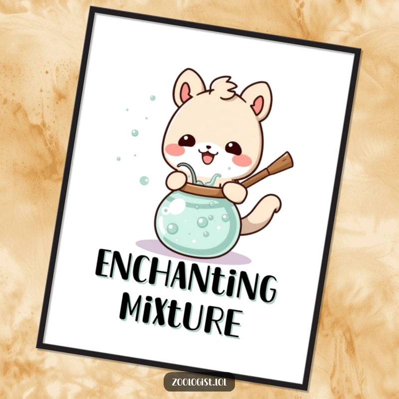 Funny Cute Animal Digital Art Print Happily Stirring a Bubbling Potion, Instant Magical Decor.