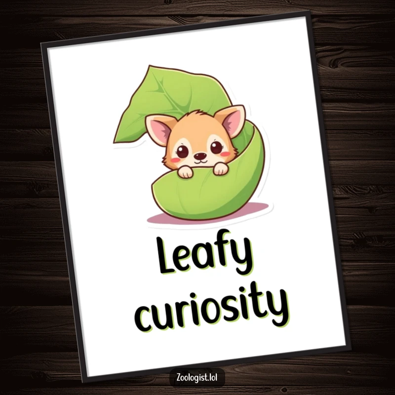 Funny curious animal digital art print showing a cute creature peeking from behind a large leaf, whimsical and amusing.