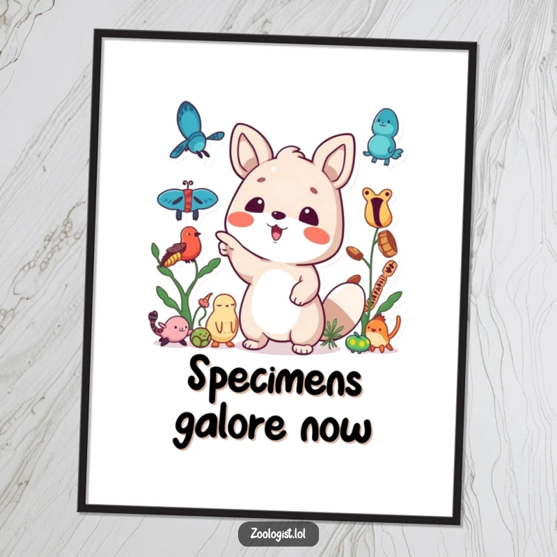 Funny digital art print of a cute animal character excitedly pointing at a collection of diverse and interesting specimens.