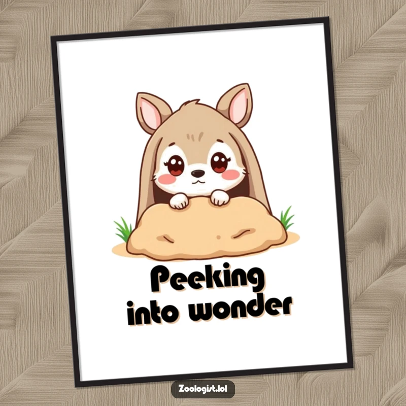 Funny Digital Art Print: A cute animal character peering into a burrow with a quizzical expression, a humorous scene.