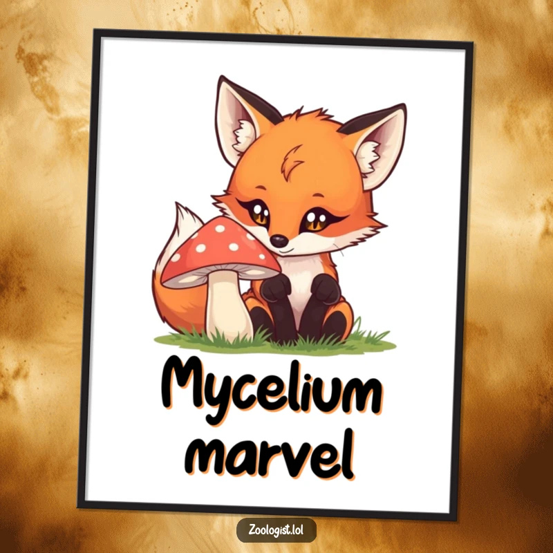 Funny fox and mushroom digital art print, capturing a moment of playful curiosity for whimsical wall decor.