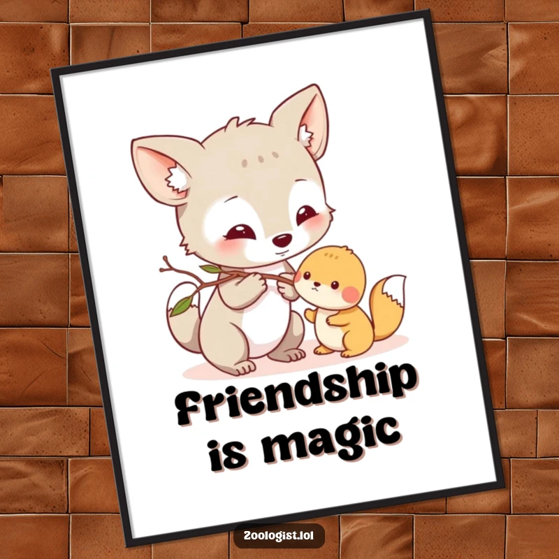 Funny Digital Art Print: Curious animal character gently nudging a small creature with a twig, offering heartwarming decor.