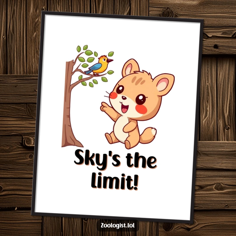 Funny Digital Art Print: Joyful animal character pointing excitedly at a bird in a tree, offering cheerful decor.