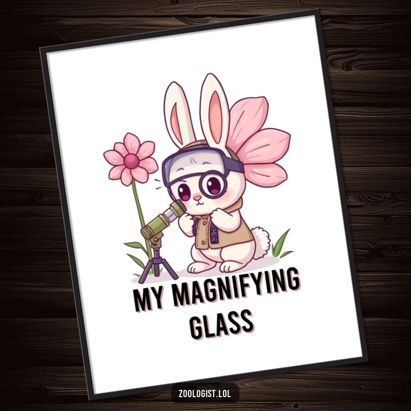 Funny Kawaii Rabbit Zoologist Digital Art Print: A determined bunny zoologist intensely studies a giant flower, offering instant humorous botanical charm.