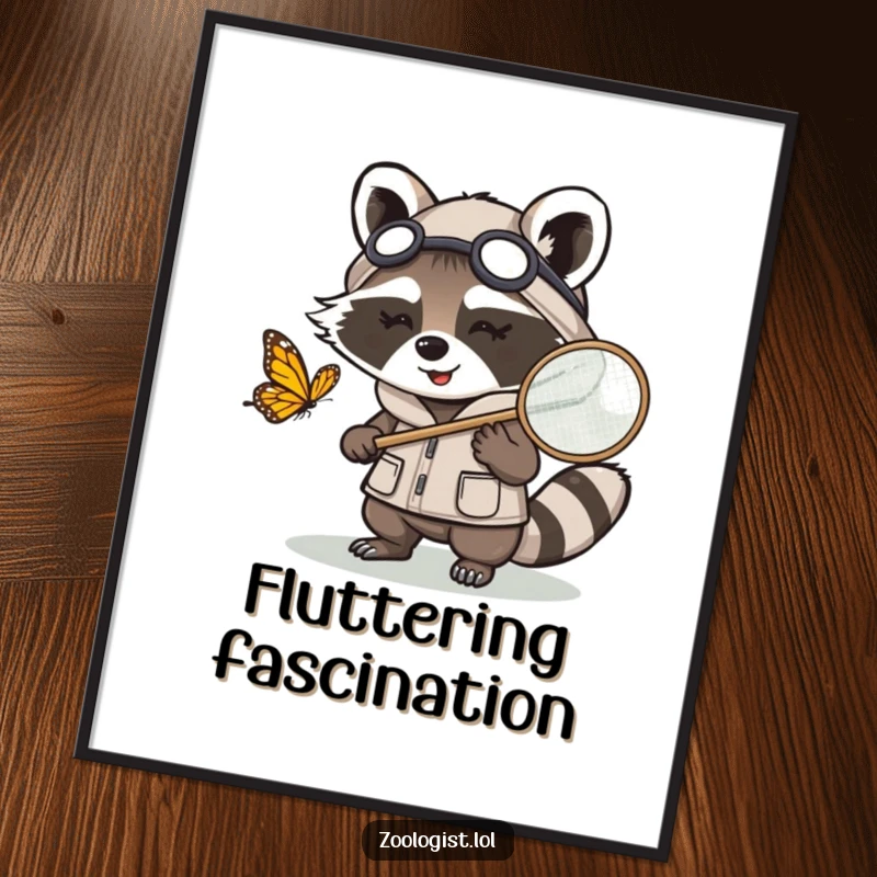 Funny Kawaii raccoon zoologist character chasing a butterfly with a net, humorous digital art print for nature enthusiasts.