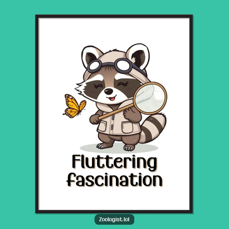 Funny Kawaii Raccoon Zoologist Digital Art Print: Instant Butterfly Chase Decor